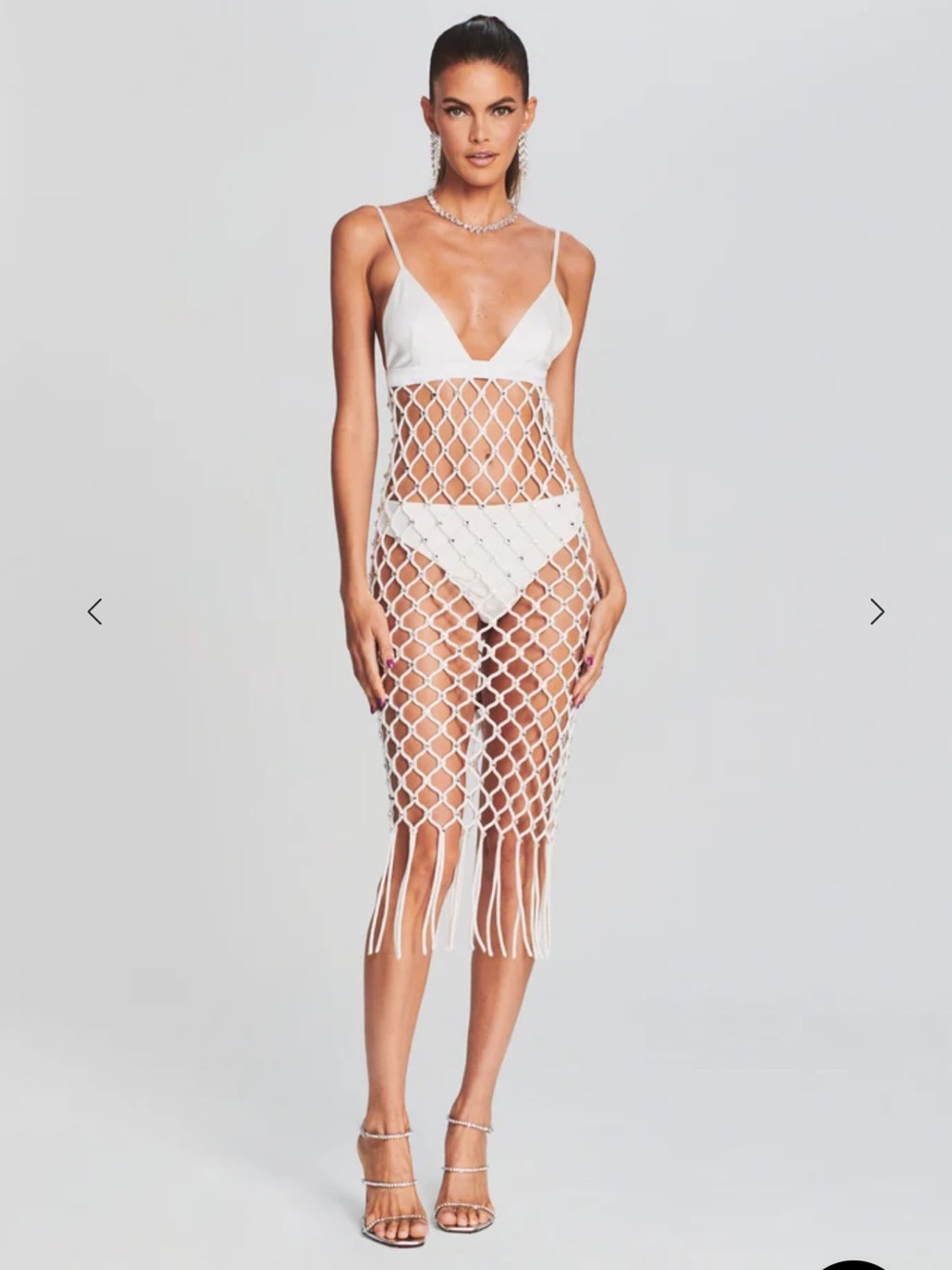 Retrofete Sandra White Crochet Net Fringe Dress
